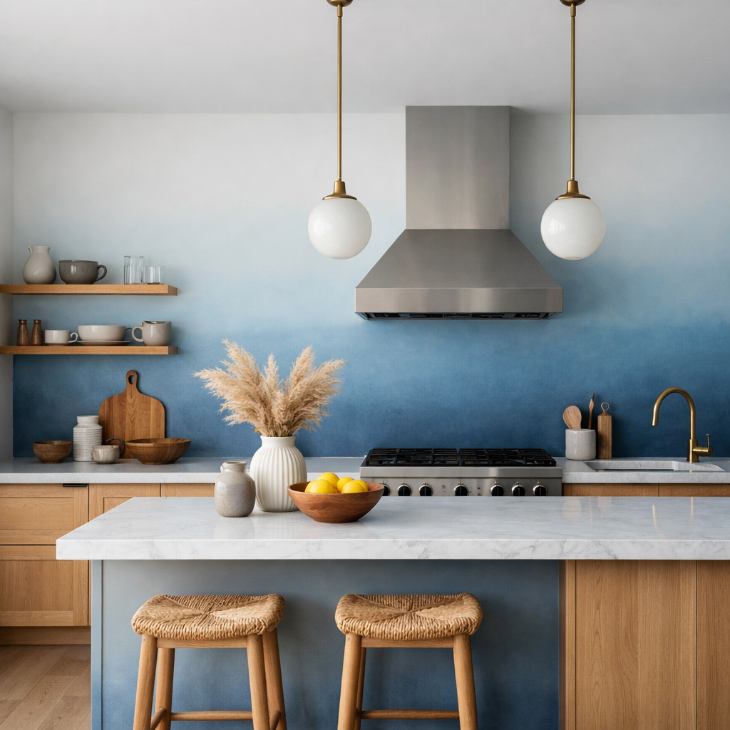 A kitchen featuring light blue ombre walls with wooden cabinetry and modern appliances
