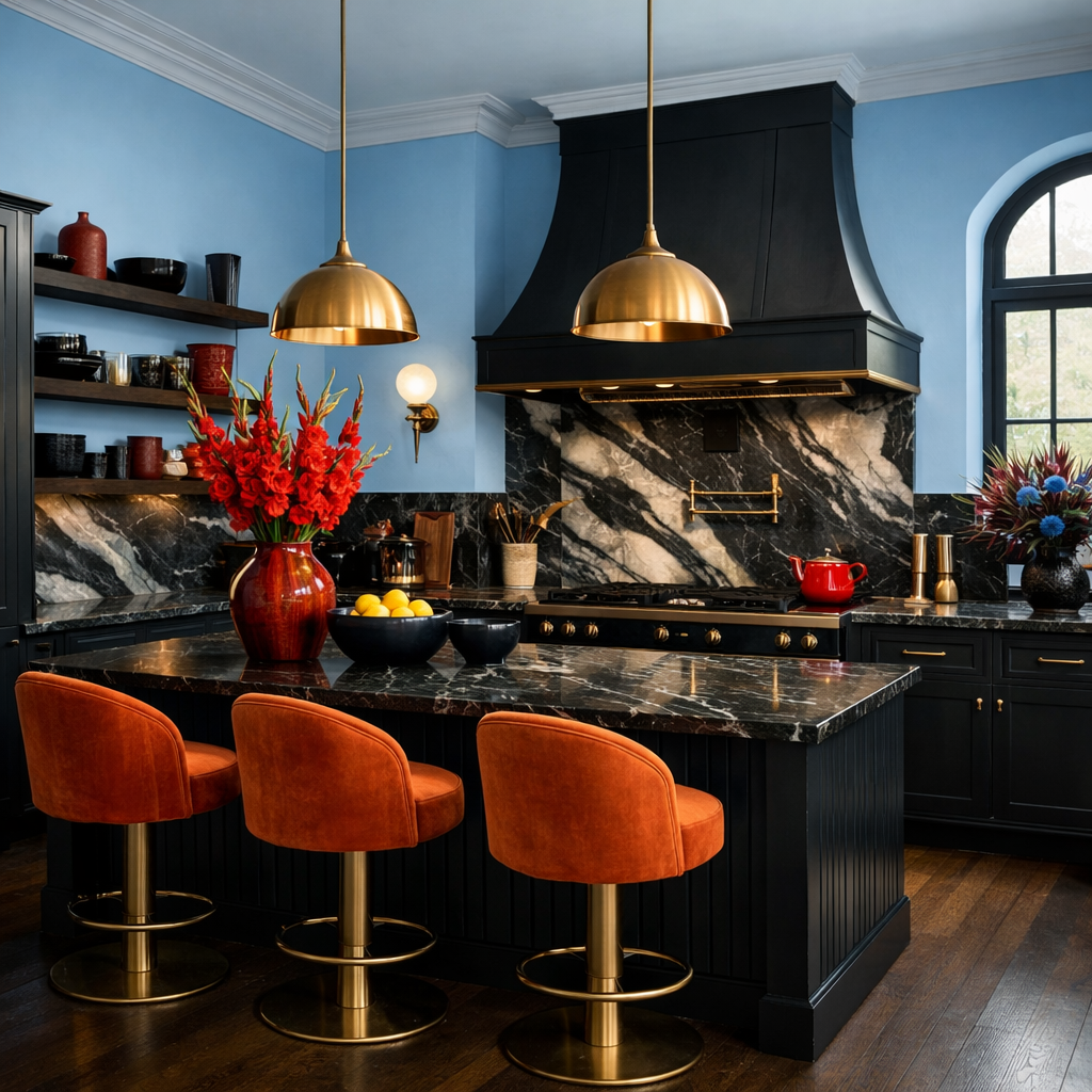 A modern kitchen with light blue walls, black cabinetry, marble countertops, and orange bar stools.