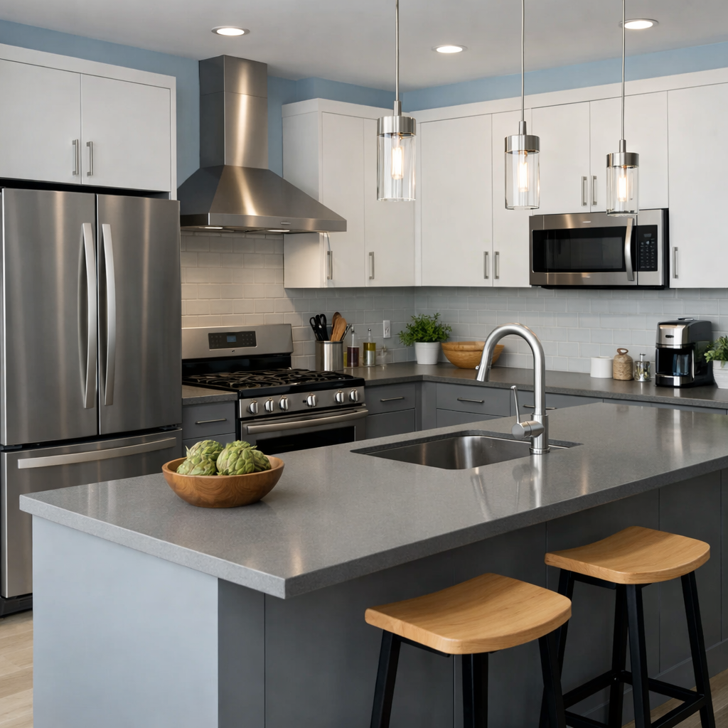 A modern kitchen featuring light blue walls with gray cabinets and stainless-steel appliances