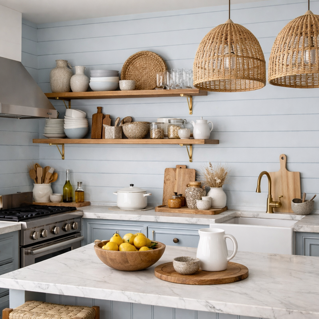 Stylish kitchen with light blue shiplap walls and wood accents.