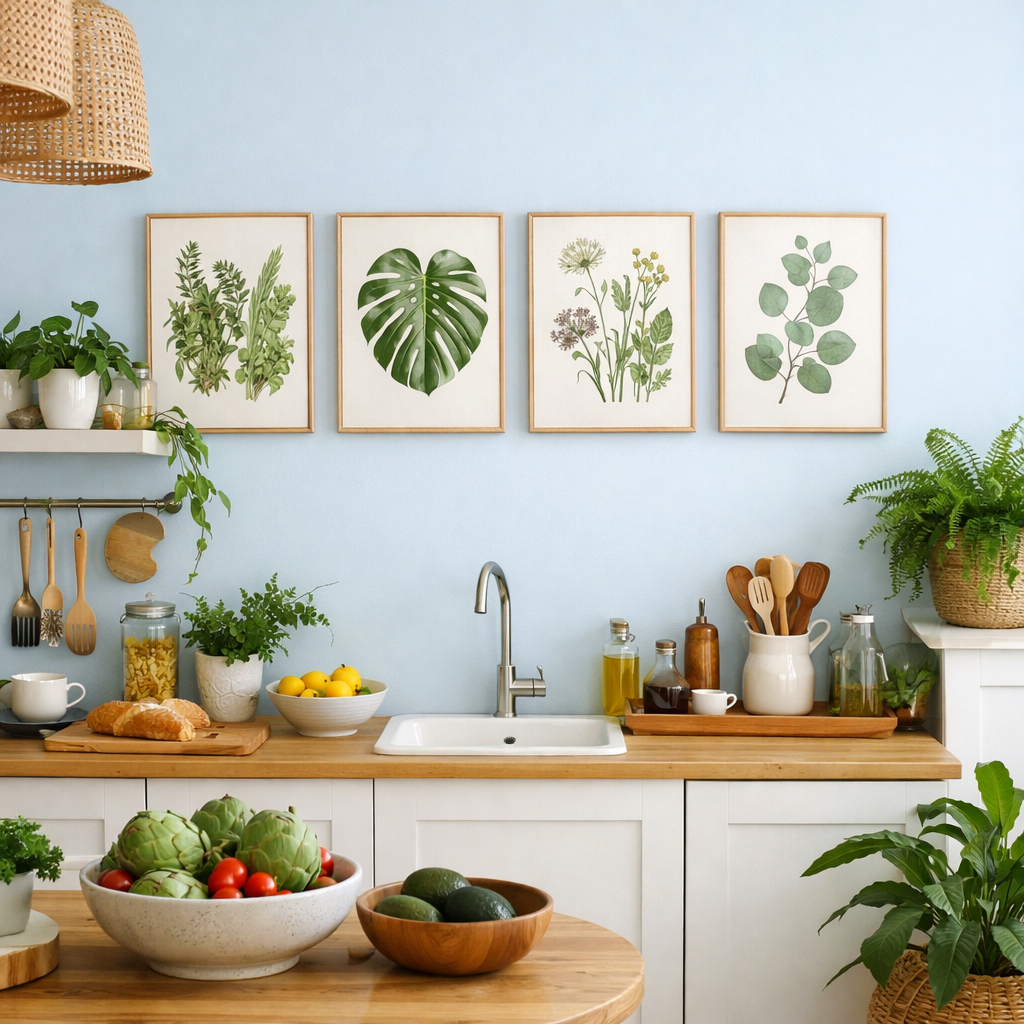 A bright kitchen with light blue walls and botanical prints, featuring fresh ingredients on the counter.