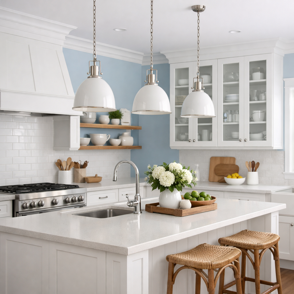 A bright kitchen with light blue walls and white trim featuring modern design elements.