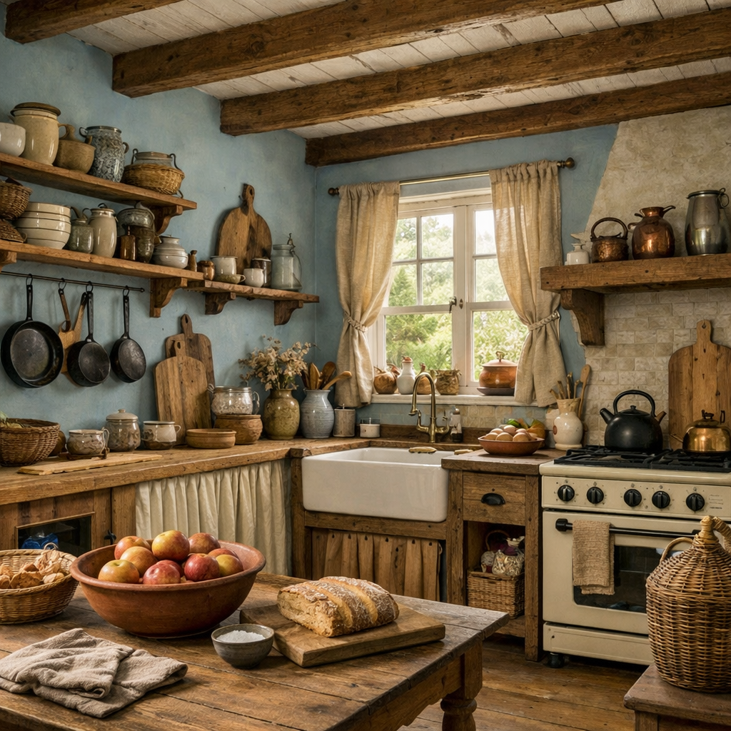 A cozy rustic kitchen featuring light blue walls, wooden beams, shelves with jars, a farmhouse sink, and a central wooden table with apples and bread.