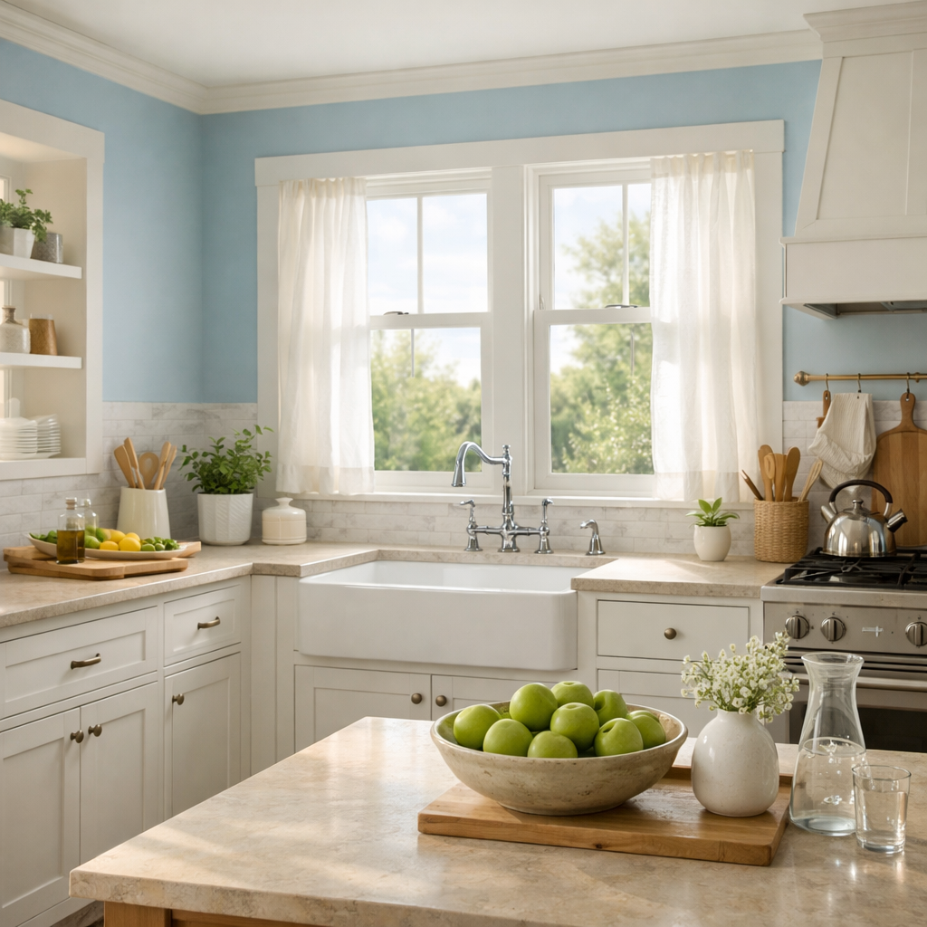 Light blue kitchen walls with white cabinets and a bowl of green apples.