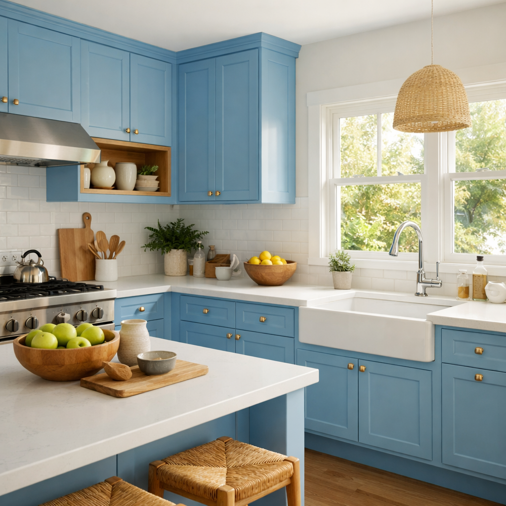 A bright kitchen featuring sky blue cabinets, white countertops, and warm wood accents.