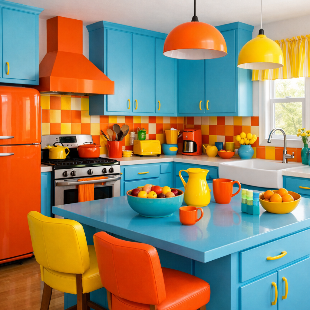 A colorful kitchen featuring sky blue cabinets with orange and yellow accents.