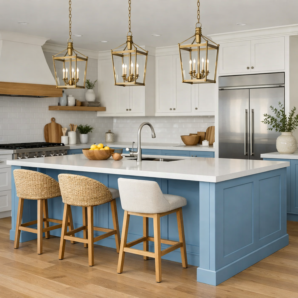 A modern kitchen featuring an elegant sky blue island with stylish lighting and wooden accents.