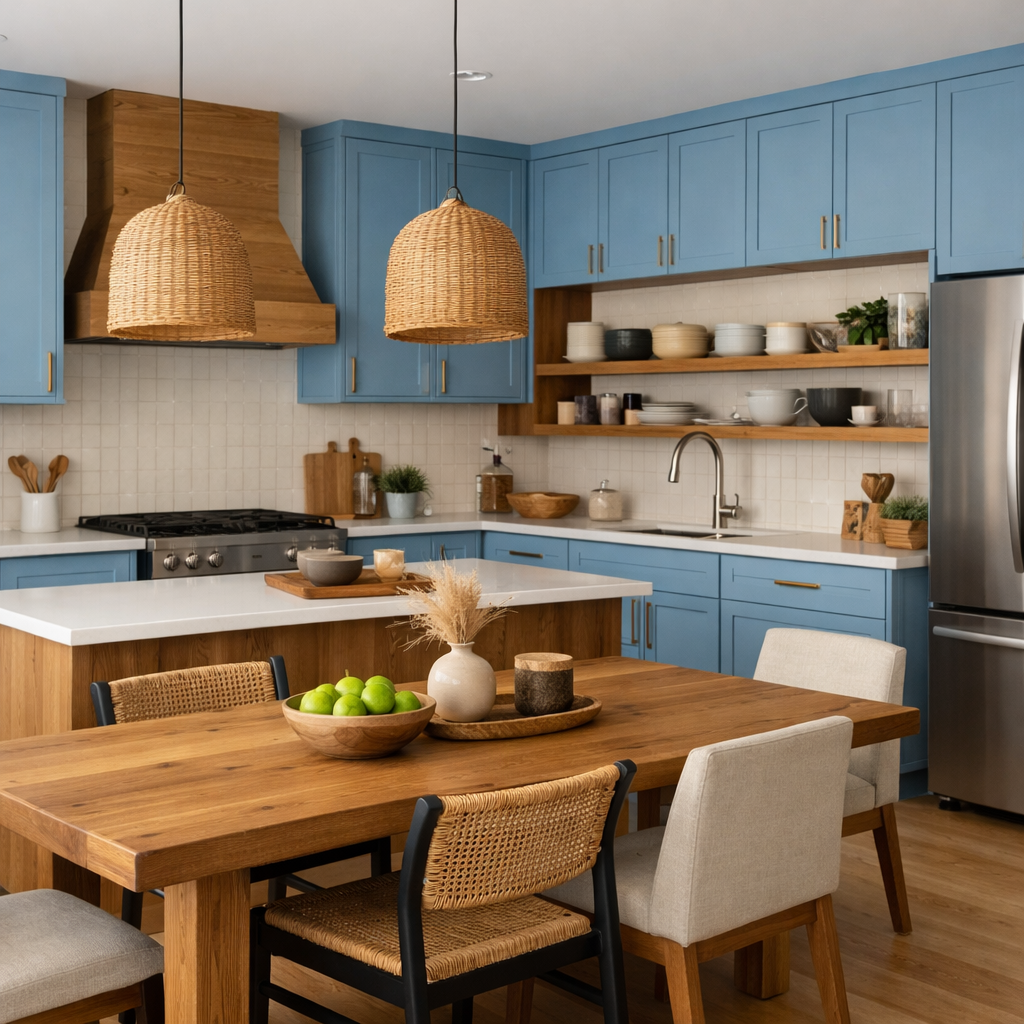 A sky blue kitchen featuring natural wood elements, with blue cabinets, wooden dining table, and woven pendant lights.