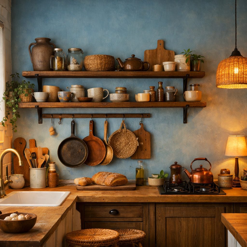 Cozy kitchen with sky blue walls and rustic wooden shelves, showcasing culinary items.