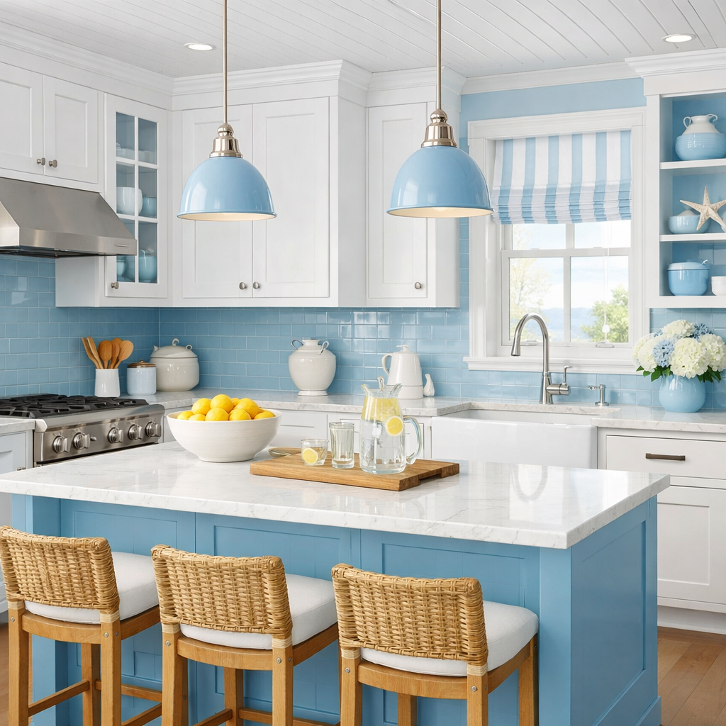 A stylish kitchen with sky blue cabinetry and white accents.