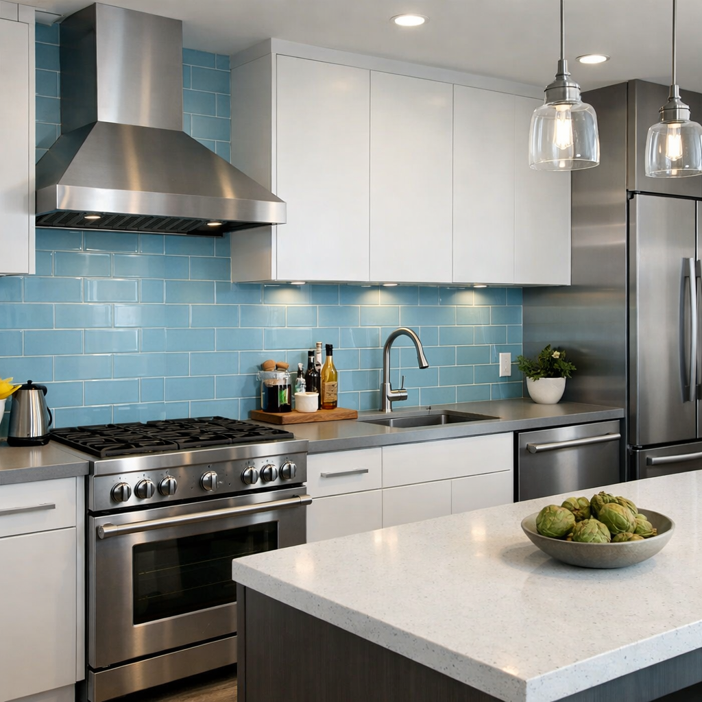A modern kitchen featuring a sky blue tile backsplash, stainless steel appliances, and bright cabinetry