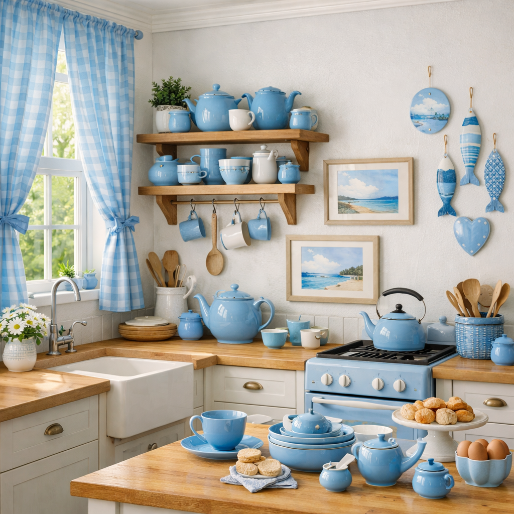 A beautifully arranged kitchen featuring sky blue decor elements, including dishware, curtains, and wall art.