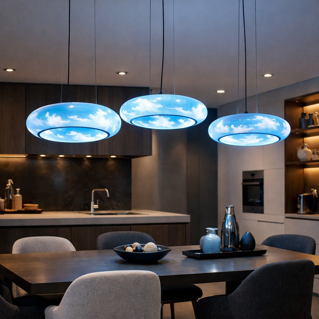 Modern sky blue pendant lighting fixtures in a contemporary kitchen.