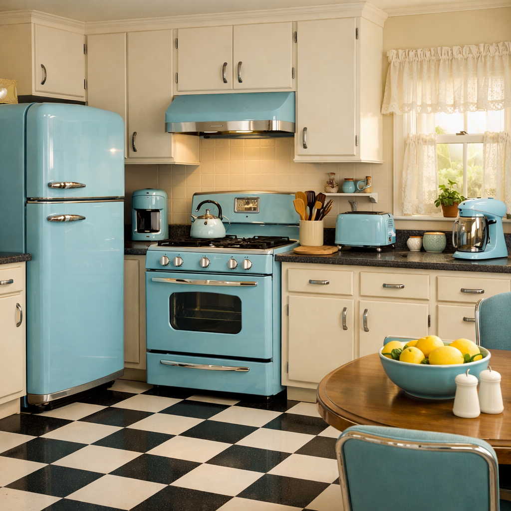 A kitchen featuring vintage sky blue appliances, including a fridge and stove, with black and white checkered flooring.