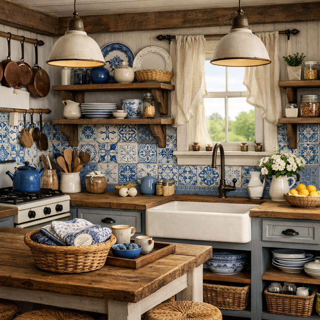 A cozy blue and white farmhouse kitchen featuring rustic elements like wooden shelves, a farmhouse sink, and decorative tiles.