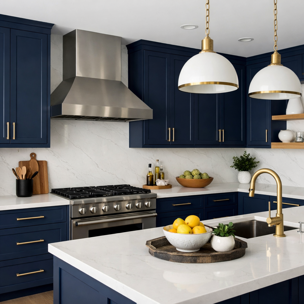 A modern kitchen featuring bold navy cabinets, white countertops, and elegant gold accents.