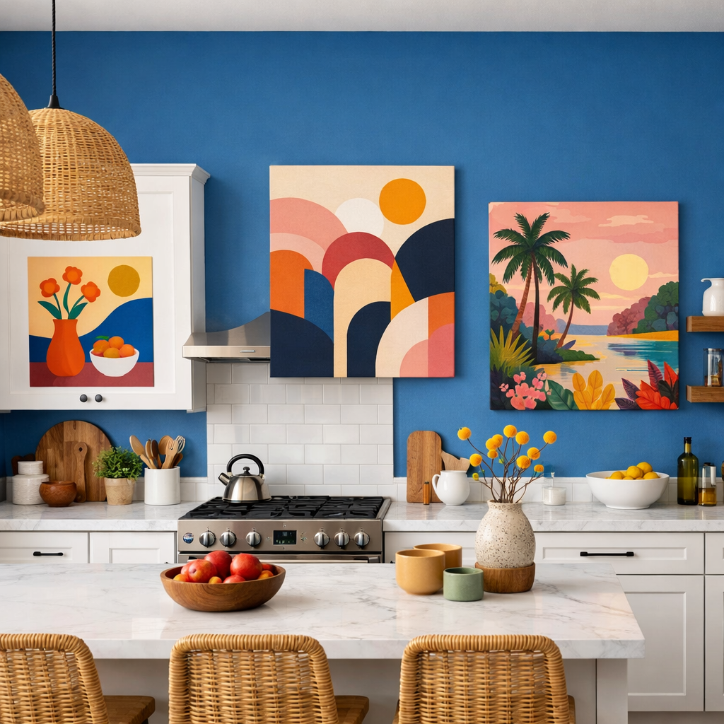 A beautiful kitchen featuring cerulean blue walls, modern artwork, and stylish decor.