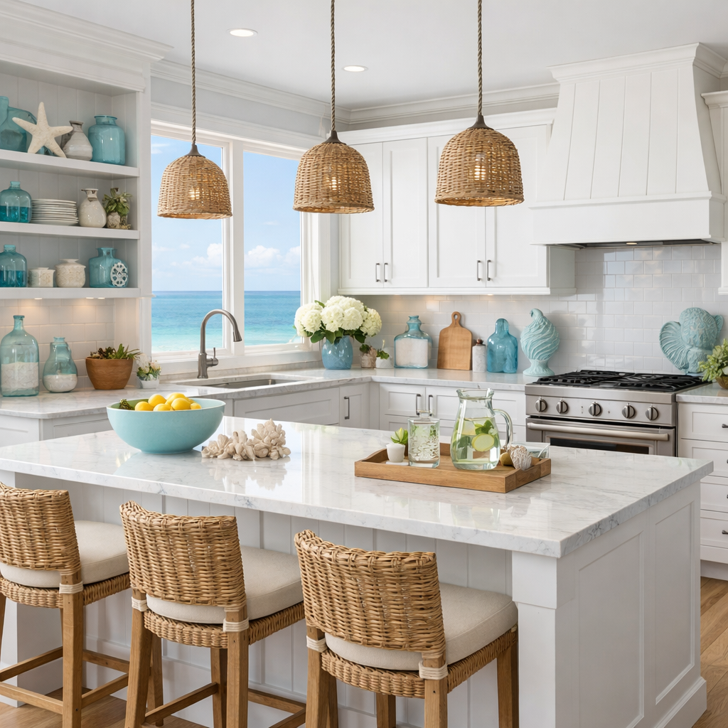 A bright kitchen featuring blue accents and a view of the ocean, with wicker seating and natural decor.