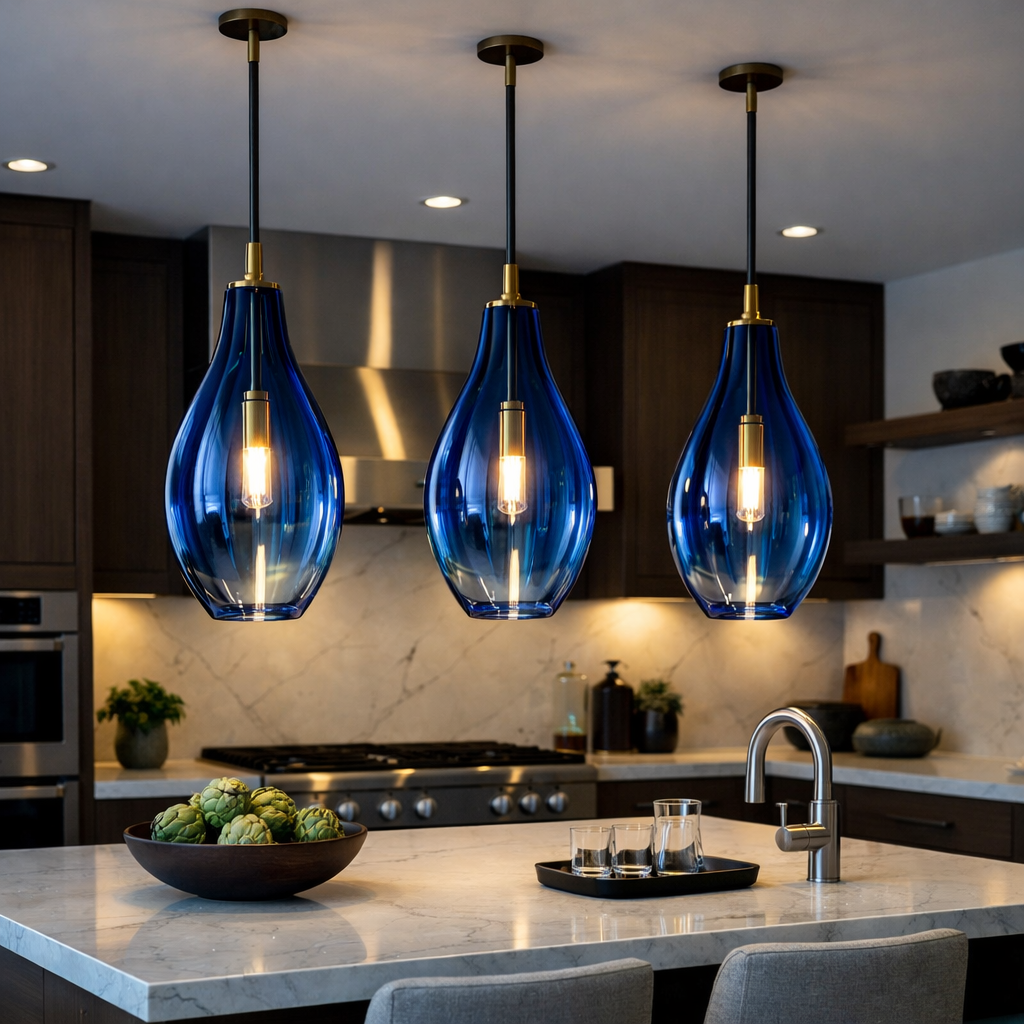 Elegant blue pendant lights hanging over a kitchen island