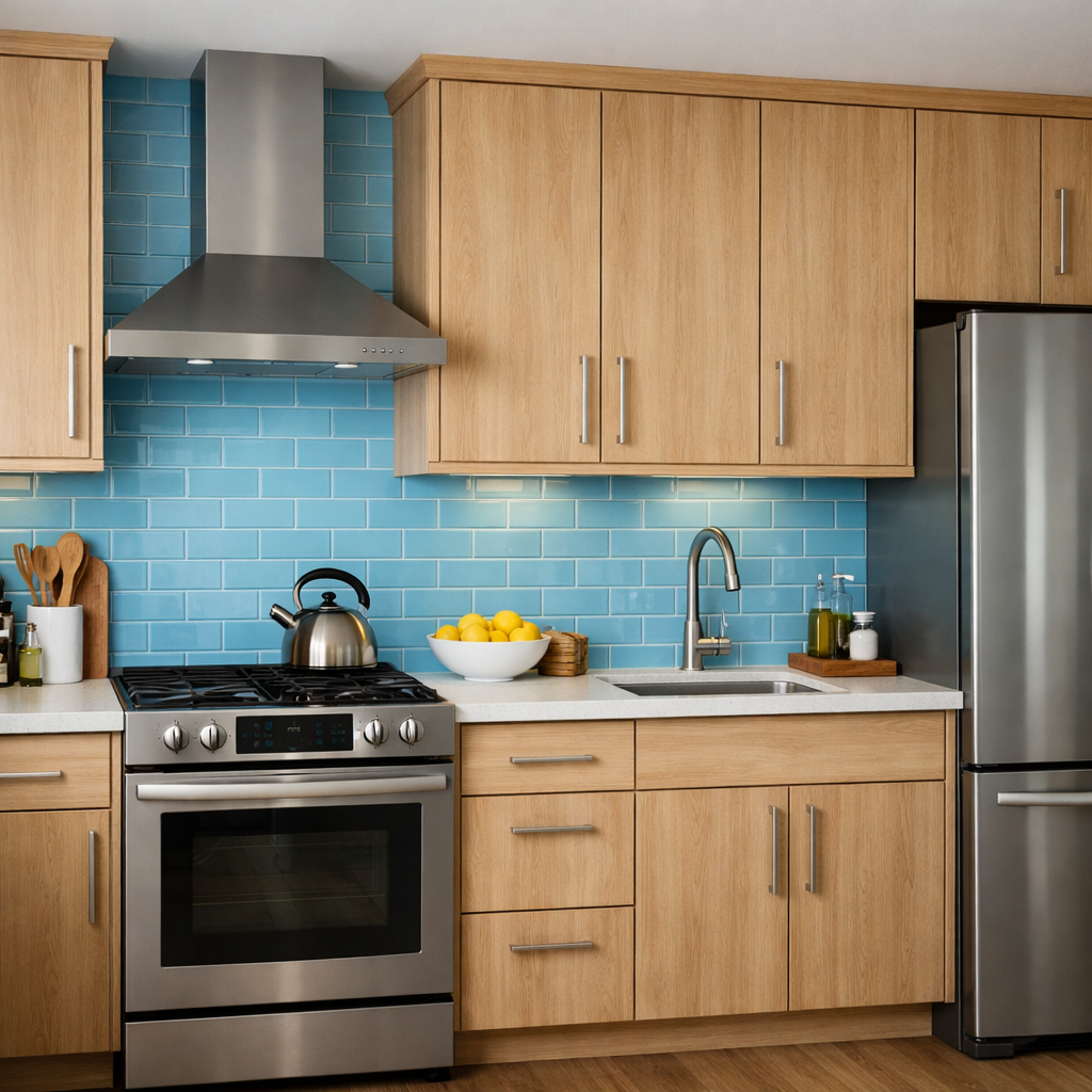 A kitchen featuring a sky blue backsplash with wooden cabinets and modern appliances.