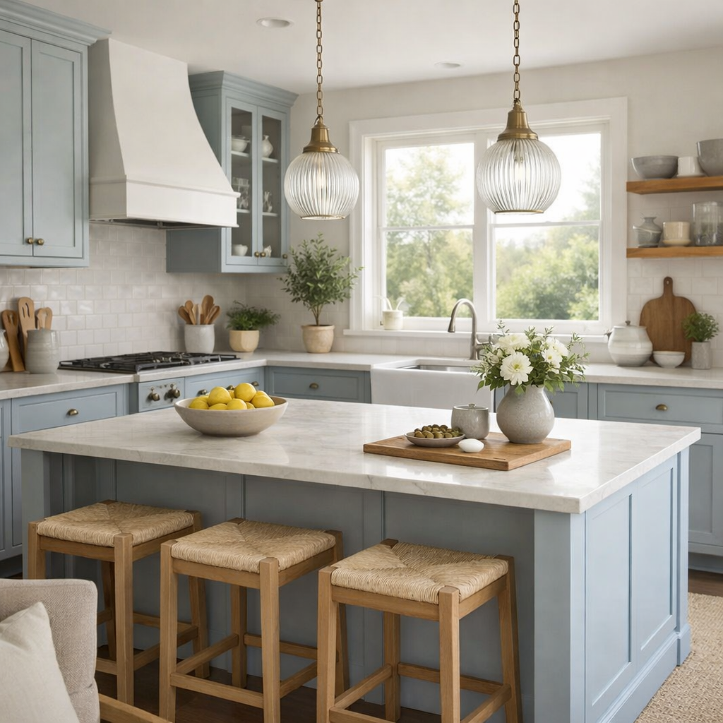 A soft blue and gray kitchen with marble countertops and natural elements.