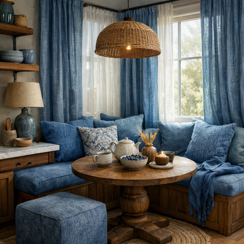 Cozy kitchen nook with textured blue fabrics, featuring cushions, curtains, and a wooden table
