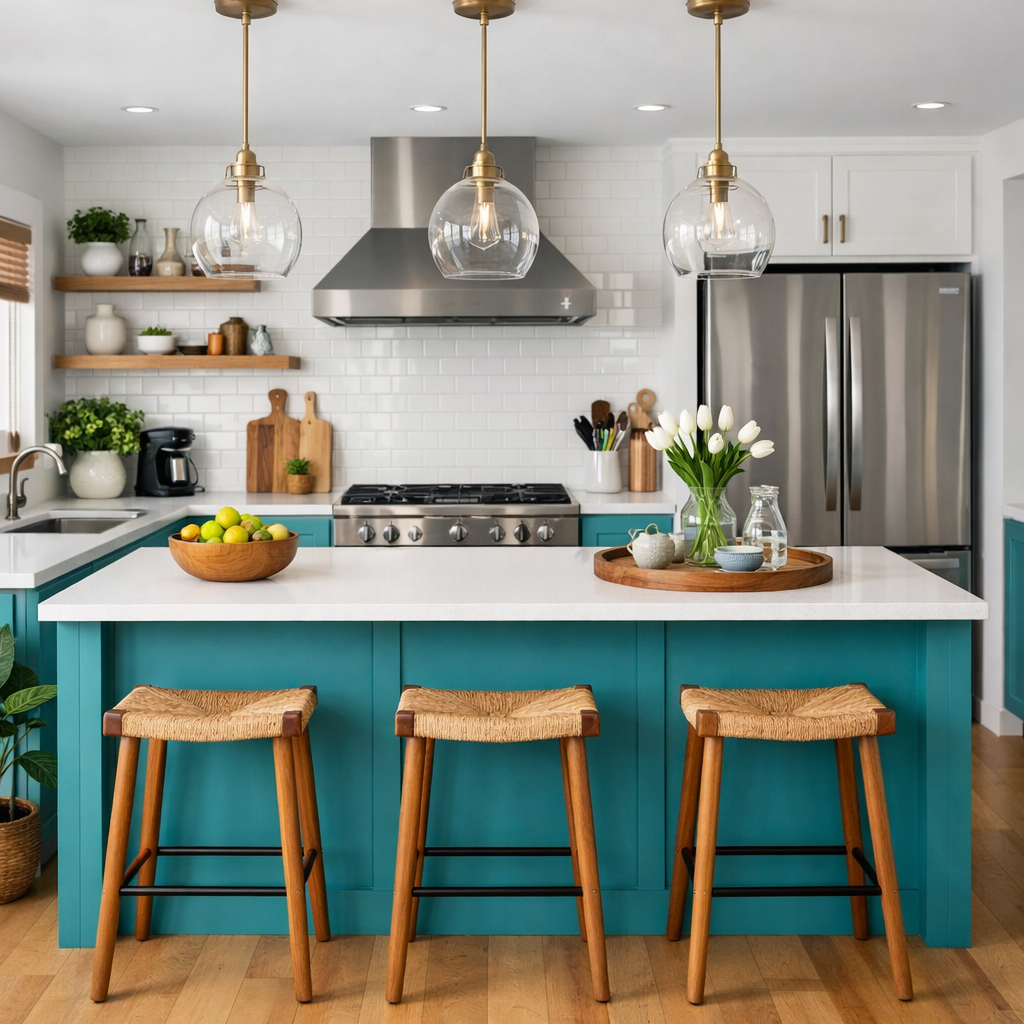 A modern kitchen featuring a turquoise island with seating, white countertops, and stylish pendant lighting.