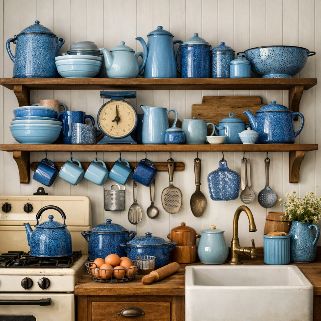 A vintage blue kitchenware display on wooden shelves, featuring various shades of blue pots, teapots, and mugs, with an antique scale and utensils.