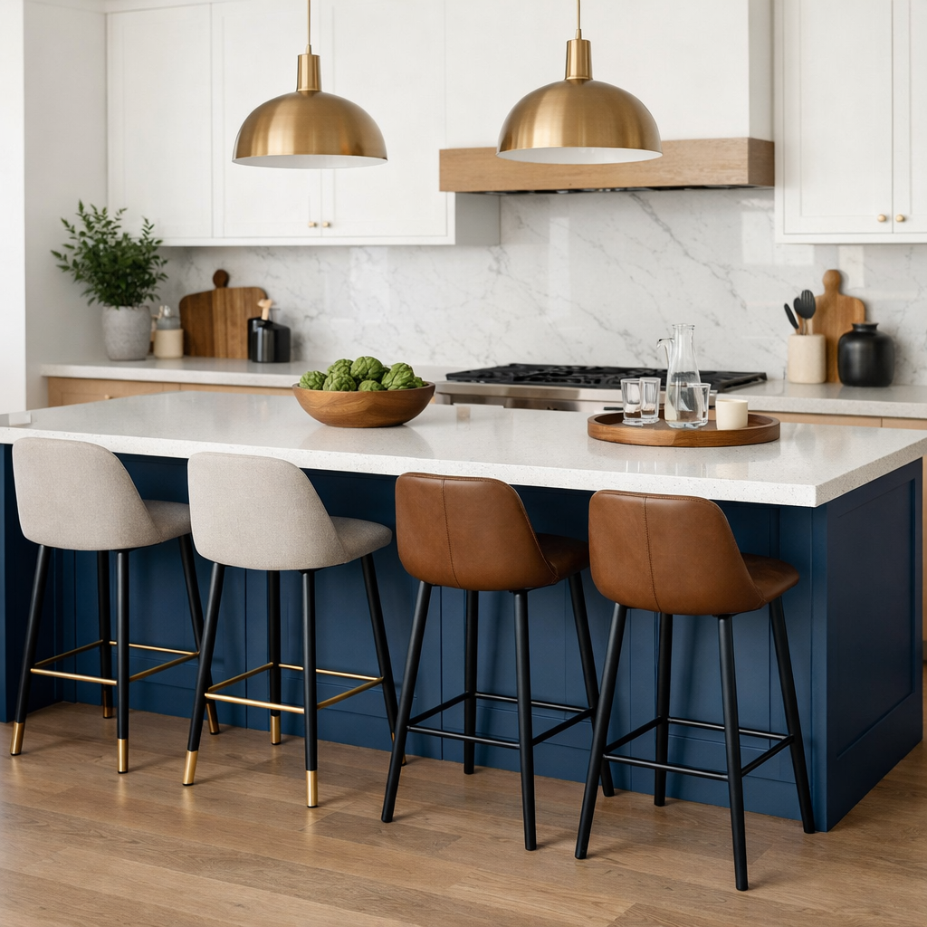 A modern blue kitchen island with a quartz countertop, stylish bar stools, and elegant pendant lights.