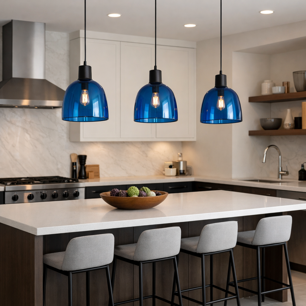 Modern kitchen with blue pendant lights over an island