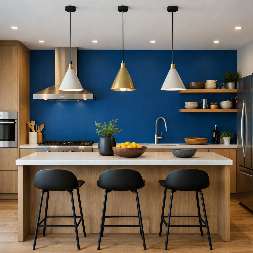 A modern kitchen featuring a bold blue accent wall, wooden cabinetry, and stylish pendant lights.