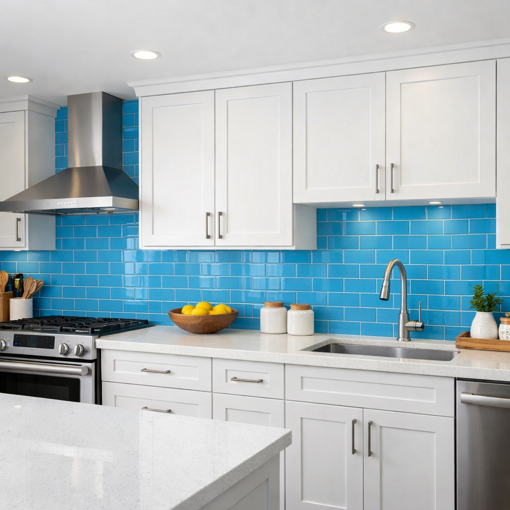 Bright blue tile backsplash with white cabinets in a modern kitchen.