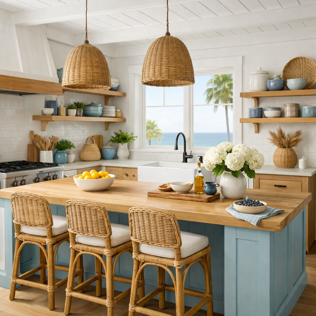 A modern blue coastal kitchen featuring a blue island, wooden elements, and a scenic ocean view.