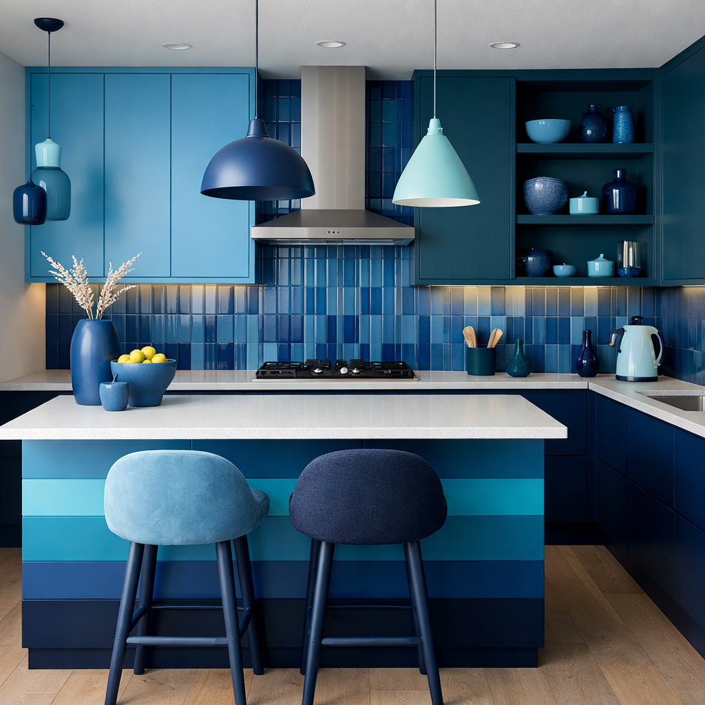 A modern kitchen featuring a dynamic mix of blue hues with stylish bar stools and decorative elements.