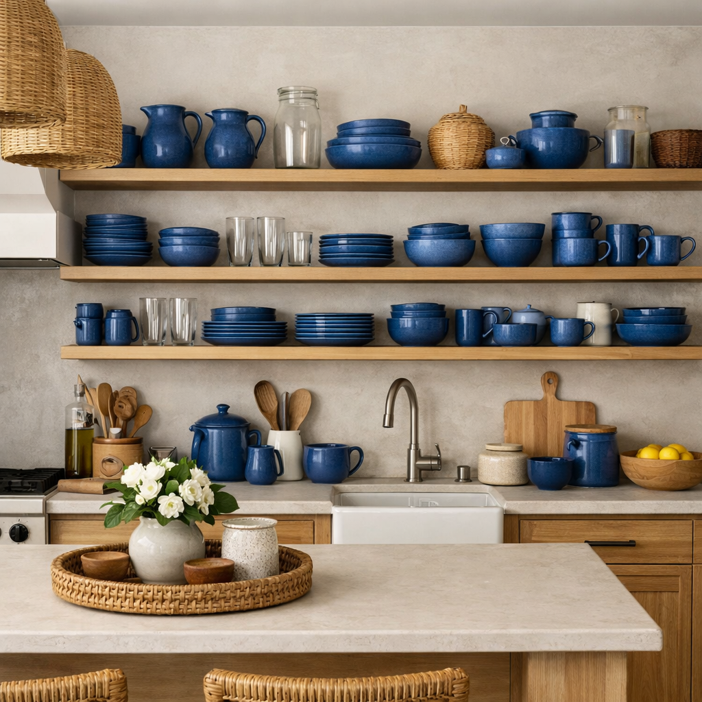 A modern kitchen featuring open shelving displaying various blue dishware on wooden shelves.