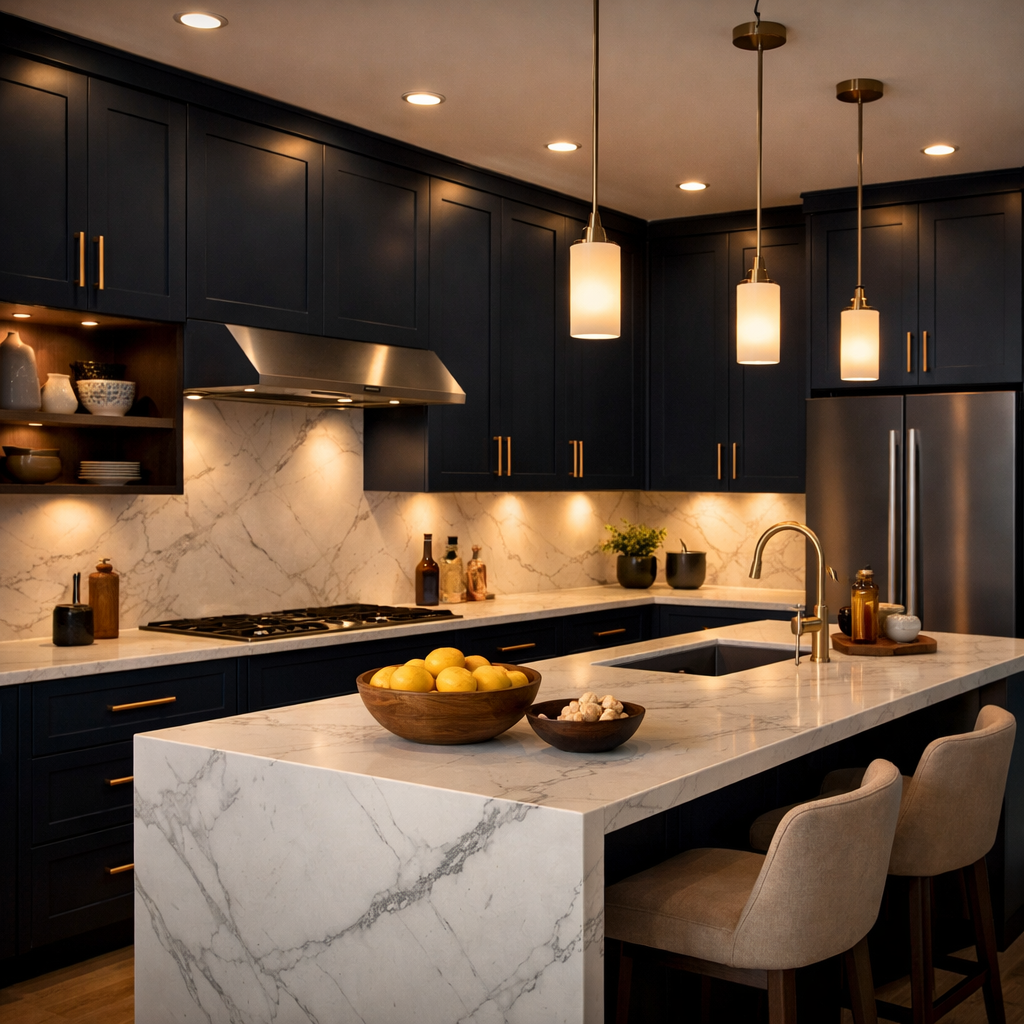 A modern kitchen featuring sleek navy cabinets, gold accents, and a marble countertop.