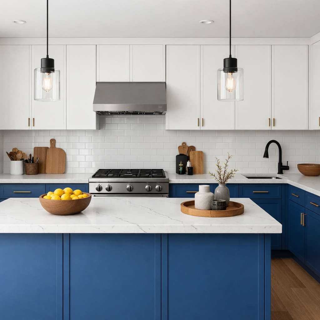 Modern blue kitchen featuring two-tone blue and white cabinets with stylish light fixtures.
