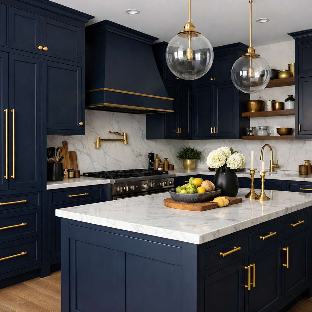 A modern kitchen featuring navy blue cabinets and bold gold hardware.
