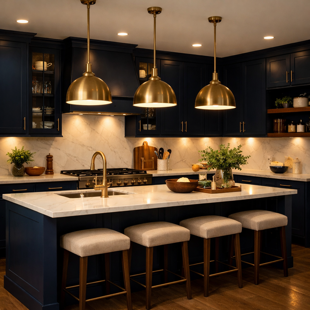 A modern kitchen with navy blue cabinets and stylish pendant lighting