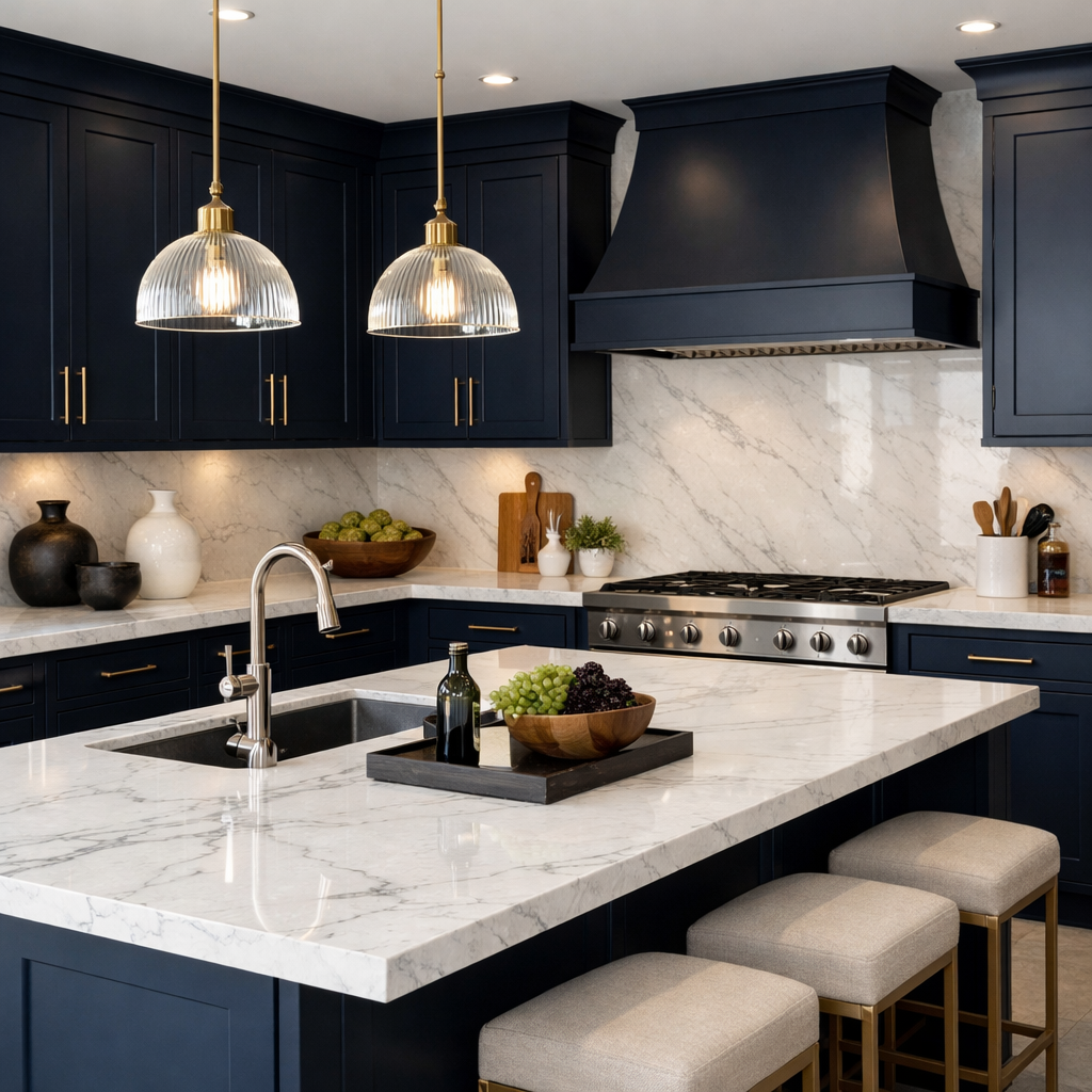 Elegant kitchen featuring navy blue cabinets and white marble countertops