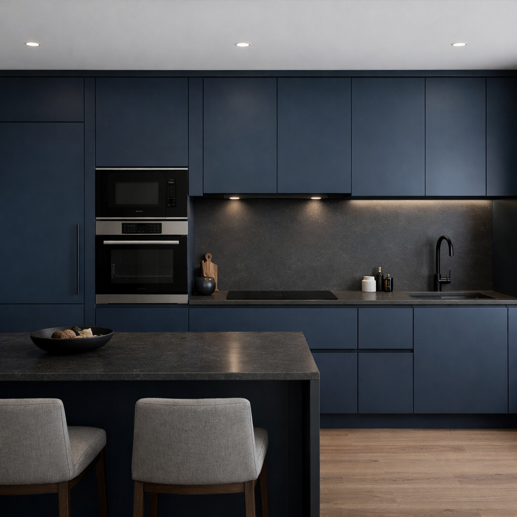 Modern kitchen with navy blue integrated cabinets and appliances.