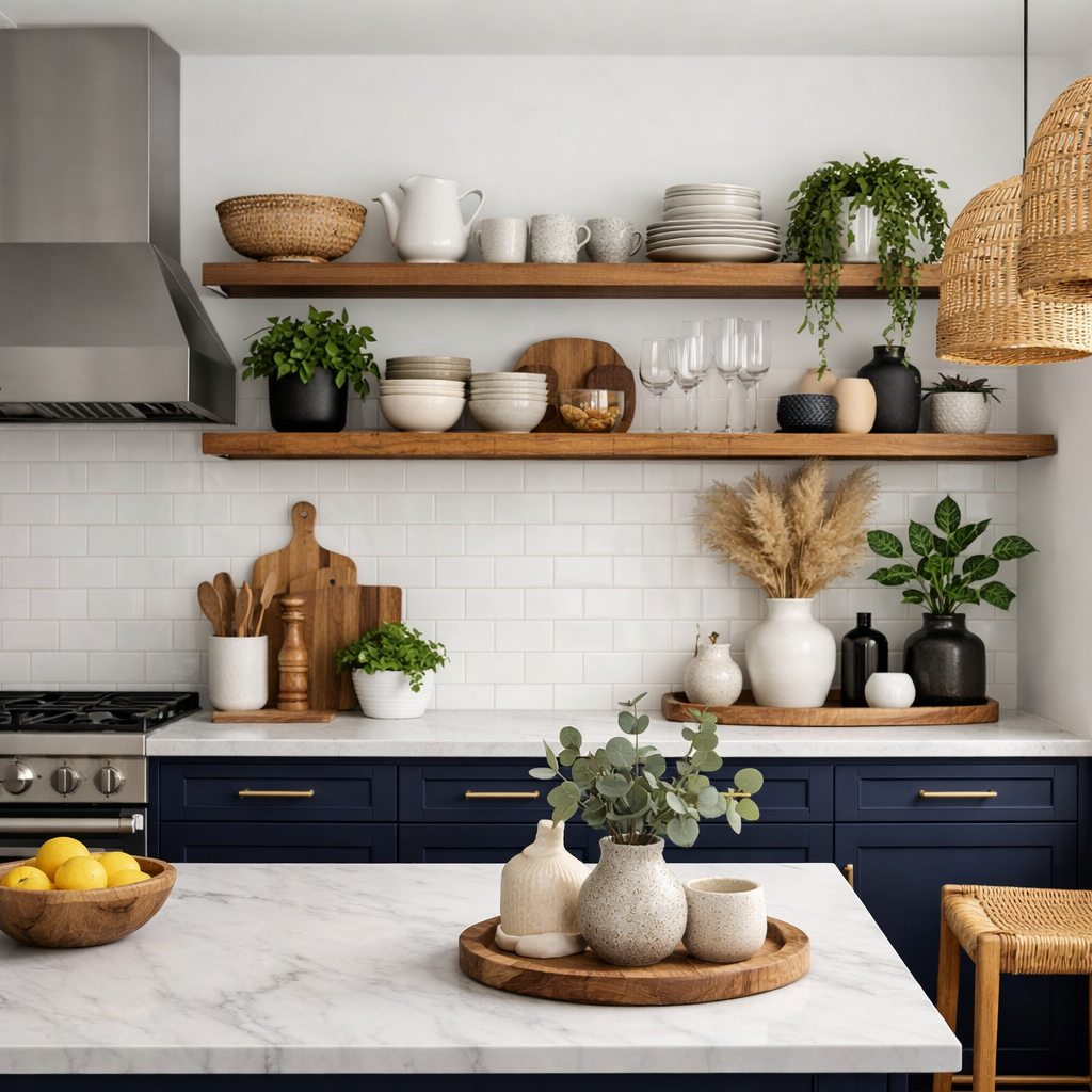 A modern kitchen with navy blue cabinets and open shelving displaying decorative items and kitchenware.