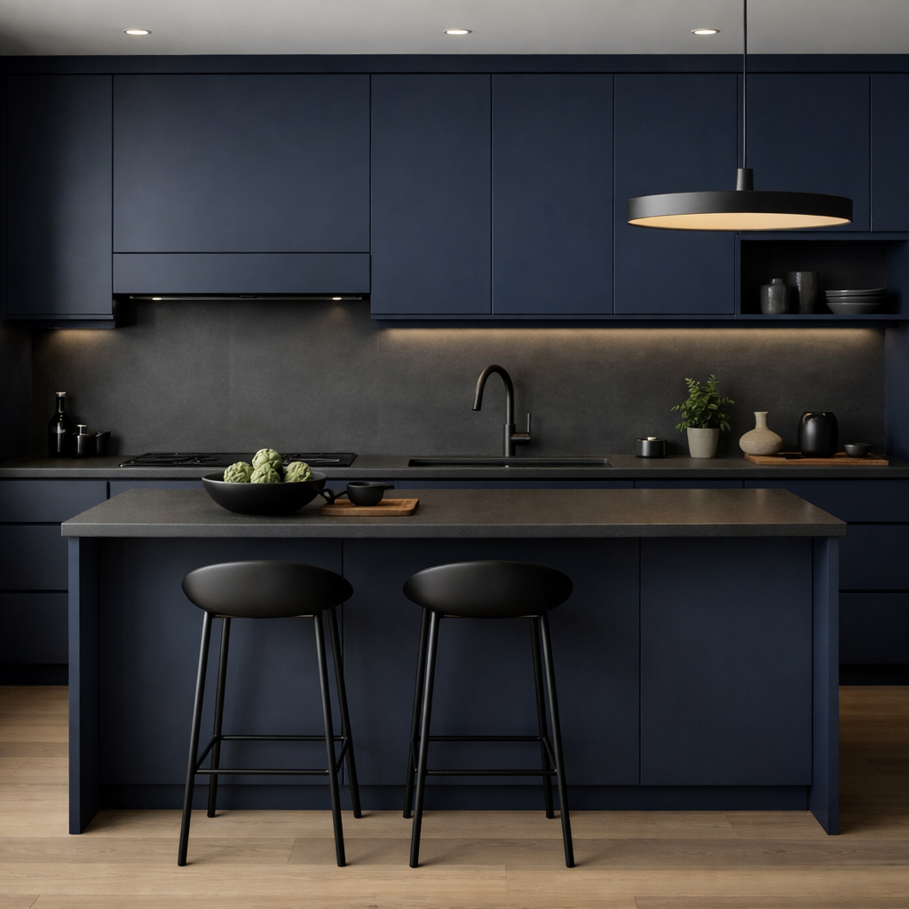 Modern kitchen featuring navy blue matte cabinets with a stylish island and black accents