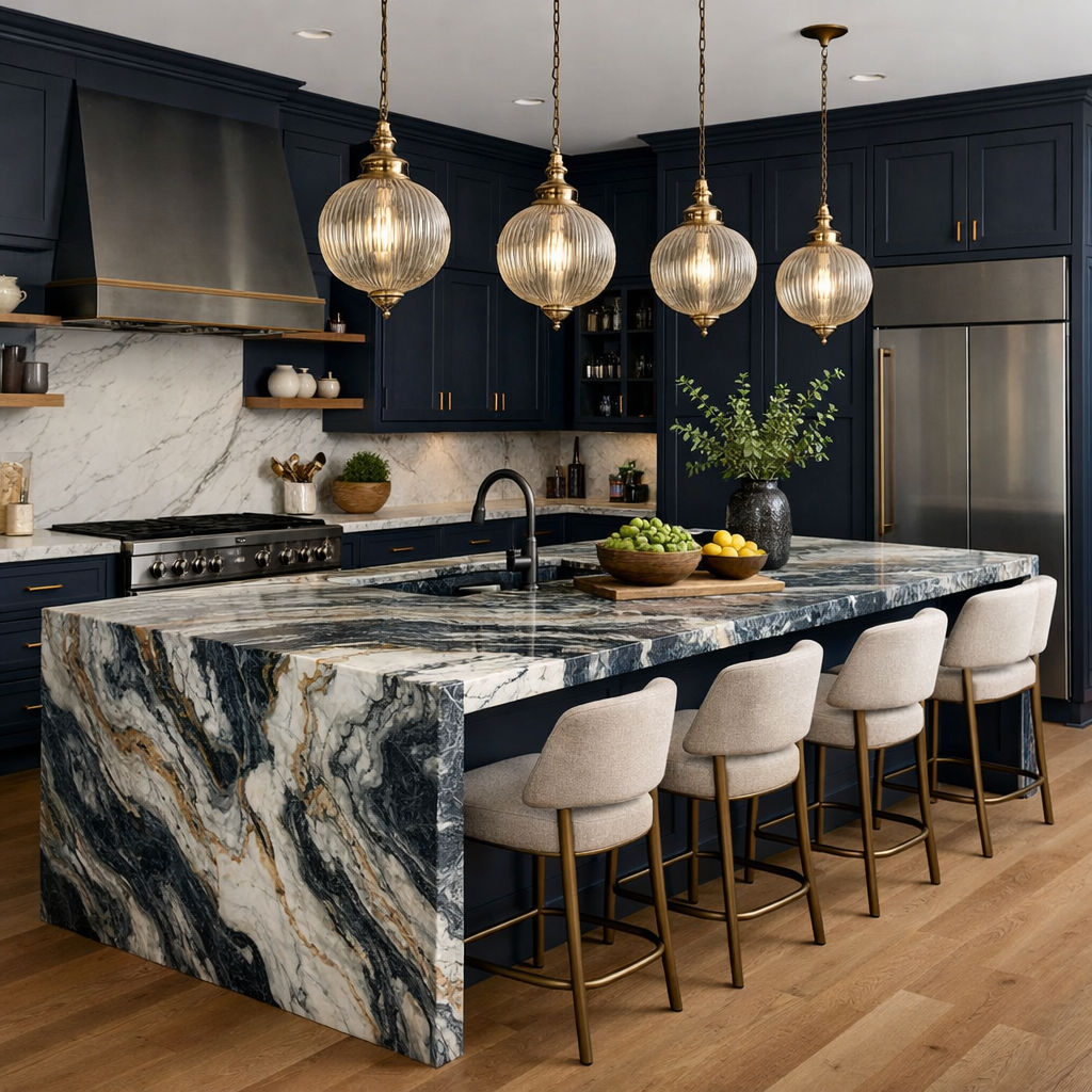 A modern kitchen with navy blue cabinets and a striking marble countertop island.