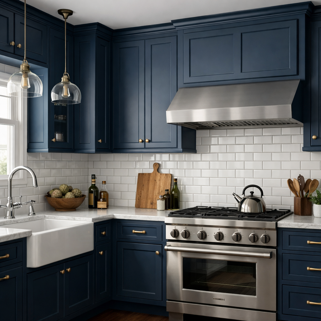 A stylish kitchen featuring navy blue cabinets and a white subway tile backsplash.