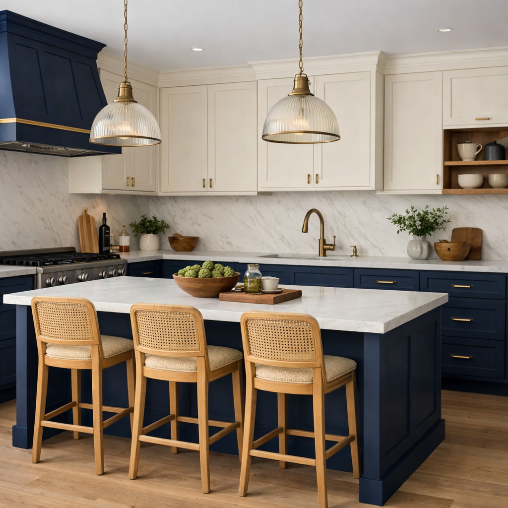 A modern kitchen showcasing two-tone cabinets in navy blue and cream, featuring a marble countertop and brass fixtures.