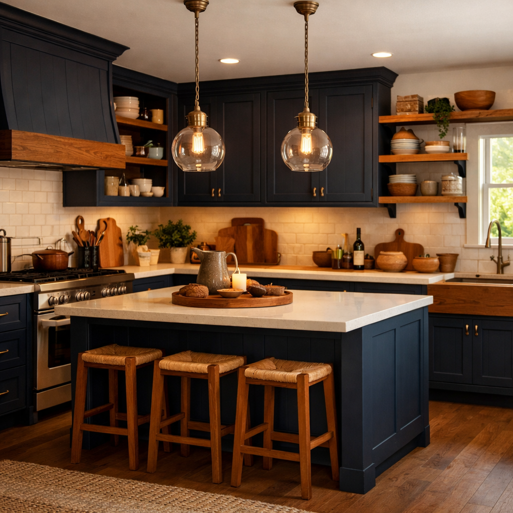 A cozy navy blue kitchen with warm wood accents, including a wooden hood and stools.