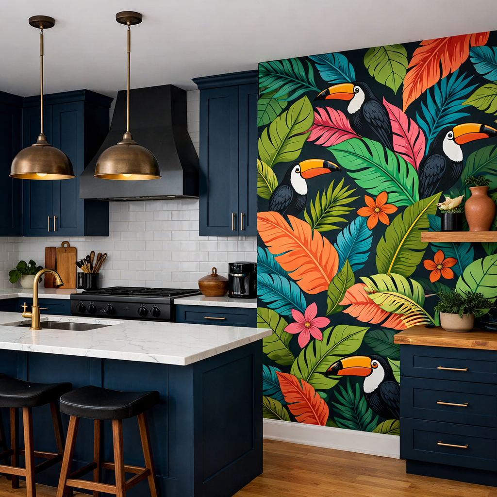 A modern kitchen with dark blue cabinets and a vibrant tropical accent wall
