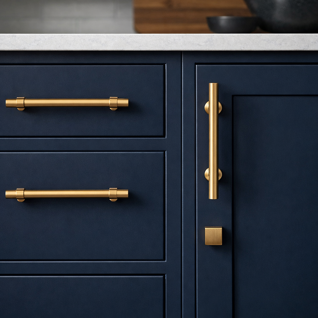 Close-up of dark blue kitchen cabinets with bold gold hardware.