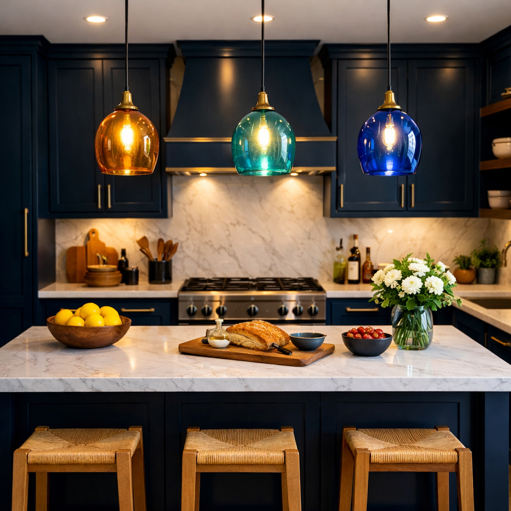 Modern kitchen with dark blue cabinets, bright pendant lights, and a marble countertop